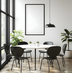 A sunlit dining room with large windows, black chairs, and an empty picture frame inviting custom artwork