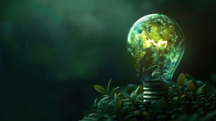 Obraz na płótnie Canvas Green planet earth inside light bulb on dark background. Generate AI image