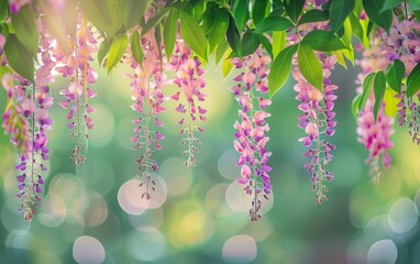 Pink wisteria flowers in full bloom cascade elegantly against a sunlit bokeh background, creating a captivating natural spectacle.