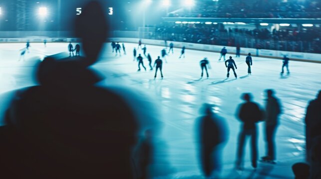 A hazy and outoffocus image of a speed skating race with spectators cheering on their favorite competitors as they glide around the ice rink. .