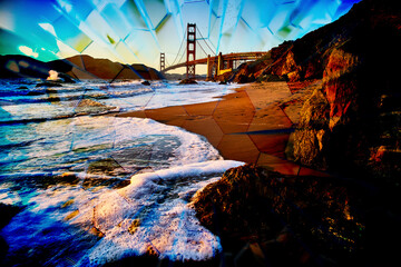 Golden Hour Vortograph Shattered View of Golden Gate Bridge and Beach