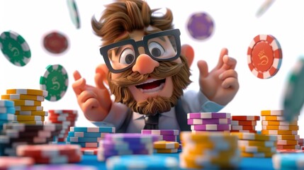 a cartoon character with a beard and glasses surrounded by poker chips - obrazy, fototapety, plakaty