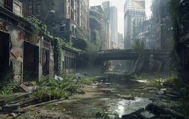 Once-bustling city has been abandoned and reclaimed by lush, untamed vegetation, with towering skyscrapers and crumbling buildings now overgrown and submerged in a verdant, post-apocalyptic landscape.