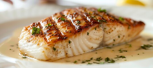 Fine dining chef cooking grilled fish fillet in creamy butter lemon or cajun spicy sauce with herbs