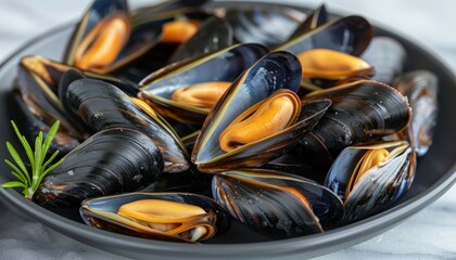 Exquisite traditional mediterranean grilled mussels served on a refined black plate