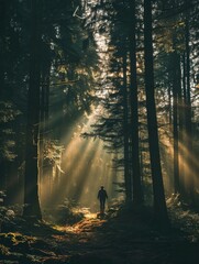 A traveler is bathed in the golden dawn light, amidst the towering trees of a forest, highlighting the allure of early morning explorations.