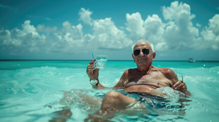 Elderly gentleman lounging in a clear infinity pool with a drink, against a backdrop of blue sky and clouds