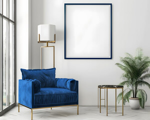 A modern interior featuring an empty blue frame with a plush blue chair, golden accents, and lush green foliage for a chic look