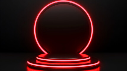 Neon round podium with red lights on black background. 3D rendering