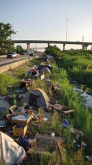 Fototapeta premium A row of tents and assorted items line the edge of a highway, forming a tent city in the shadows of urban progress.