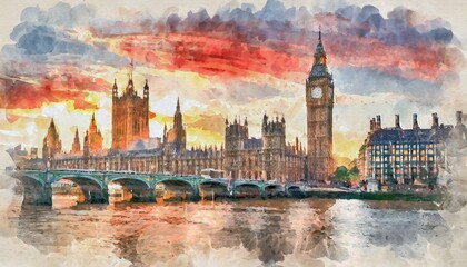Watercolor painting of Sunset skyline of Big Ben abd Houses of Parliament in London