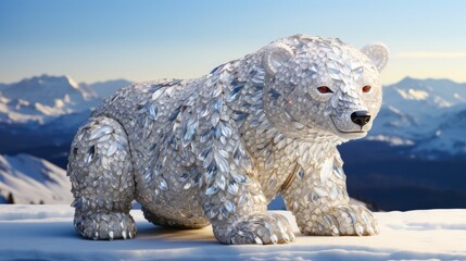 sleek polar bear in a tailored fur coat, adorned with silver snowflake brooches and a crystal pendant. Against a backdrop of icy landscapes, it exudes Arctic glamour and poise. The atmosphere: frosty  - obrazy, fototapety, plakaty