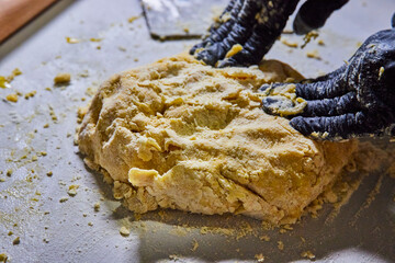 Hands Kneading Hot Dough for Homemade Pasta in Kitchen