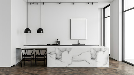 A stylish monochrome kitchen with striking marble island, pendant lights, and artwork delivering a blend of modern and classic