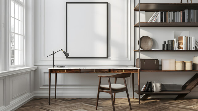 An office scene with a classic vibe featuring a wooden desk, chair, and an empty picture frame on the wall