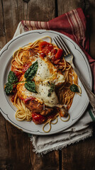 Overhead of chicken parmigiana with pasta - 787305011