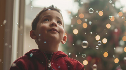 A young boy standing and looking up at a beautifully decorated Christmas tree with awe and wonder