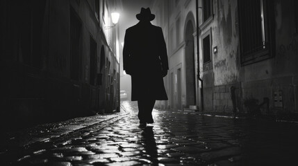 A solitary person in a hat and trench coat strolls down a rainy, lamp-lit alleyway at night