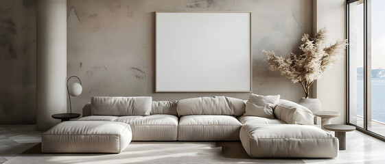 Contemporary living room with a white couch and sea view framed by a large blank wall space for art