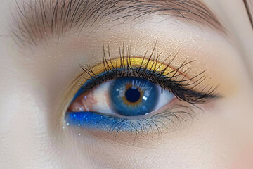 Obraz premium Woman's eye makeup with blue and yellow eyeshadow.