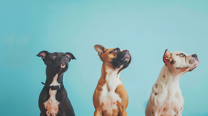 Banner three attentive dogs looking away on blue pastel background. Obedience training concept.