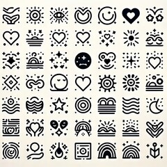 Minimalist icons encapsulating emotions of joy, serenity, and wonder with a white canvas filled with repetitive doodles of simple stars, hearts, or waves