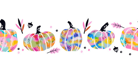 Colorful pumpkins horizontal seamless border, hand drawn, trend colors, great for banners, wallpaper, cards