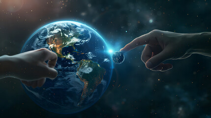 Fototapeta na wymiar Conceptual image depicting human and robotic interaction, with a large Earth in the space background