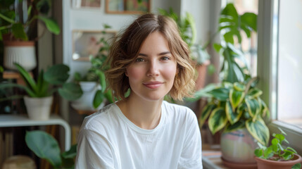 Relaxed young woman with a minimalist bob haircut amidst indoor plants.