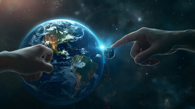Conceptual image depicting human and robotic interaction, with a large Earth in the space background