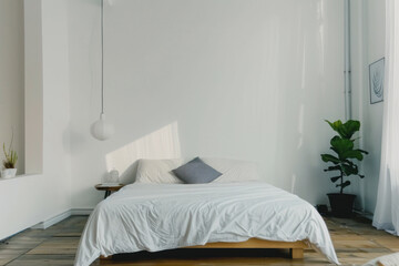 Interior of contemporary room with comfortable bed. Scandinavian style, minimalism.