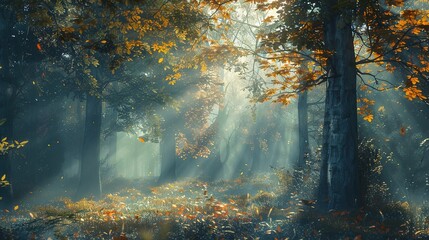 a misty and magical autumn forest, with sunlight filtering through the trees, creating an enchanting atmosphere.