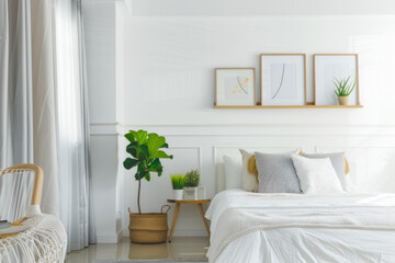 Modern interior of bedroom with bed, paintings and indoor plants. Scandinavian style, minimalism.