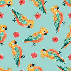 Rainbow parrots. Seamless pattern of tropical birds. For printing on paper. textiles, blanks for designers