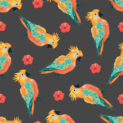 Rainbow parrots. Seamless pattern of tropical birds. For printing on paper. textiles, blanks for designers