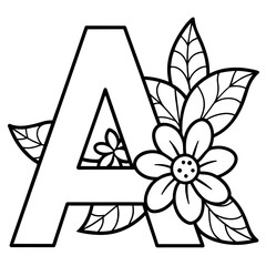 Alphabet A coloring page with the flower, A letter digital outline floral coloring page, ABC coloring page