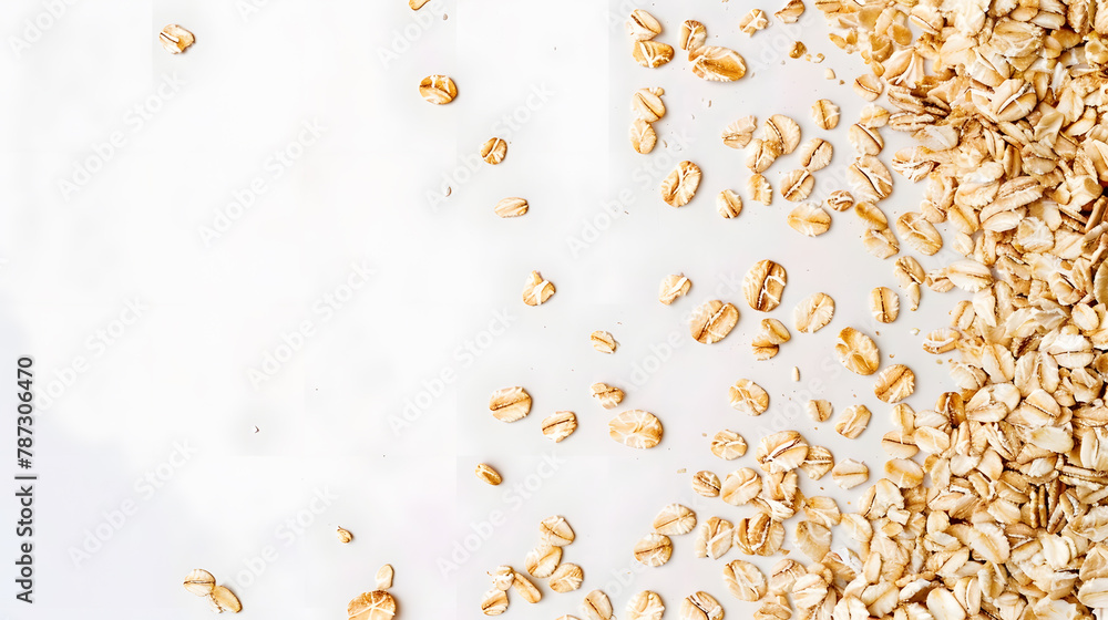 Poster oats dry brunch on white background raw and vegan product natural food top view and copy space image