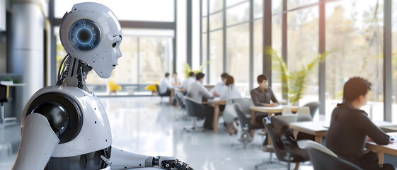 In a modern office, a robot turns its head, looking over employees working at their desks, symbolizing AI in the workplace - obrazy, fototapety, plakaty