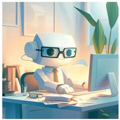 A whimsical illustration of a robot wearing glasses and working diligently at an office desk, surrounded by a bright, modern workspace.
