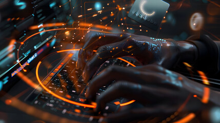 Midsection shot of hands manipulating advanced holographic computer interface with digital graphics around