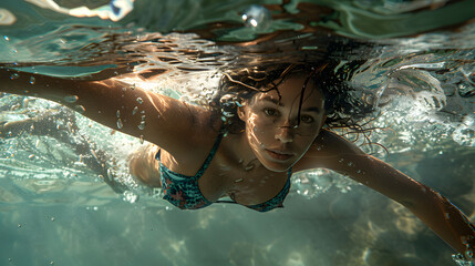 An underwater shot shows a young girl with clear skin swimming towards the camera with eyes open