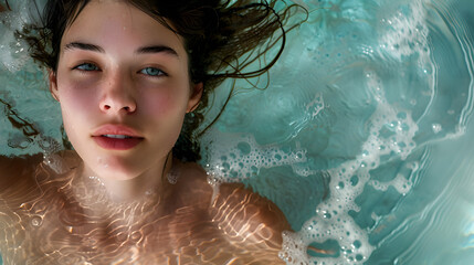 Close-up underwater portrait of a girl with water droplets on her face, eyes open, looking serene