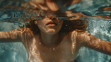 An artistic underwater shot capturing a person partly submerged, with sunbeams piercing through