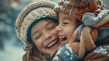 Exuberant image of two children laughing in a snowy landscape, their joy palpable amidst the winter chill