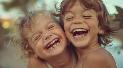 A close-up of two laughing children with sunlit hair and joyous expressions