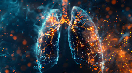 A stunning digital rendering of bright, luminous human lungs surrounded by floating particles - obrazy, fototapety, plakaty