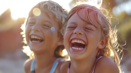 Portrait of two young girls laughing heartily against a sun-drenched background