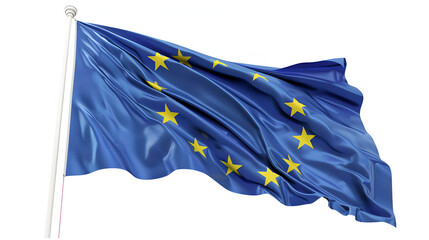 European union flag waving on pole on white background. EU flag.
