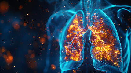 Digital artwork showcasing a detailed 3D representation of human lungs with a fiery, energetic visual style