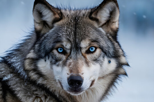 Close up photo of a grey wolf